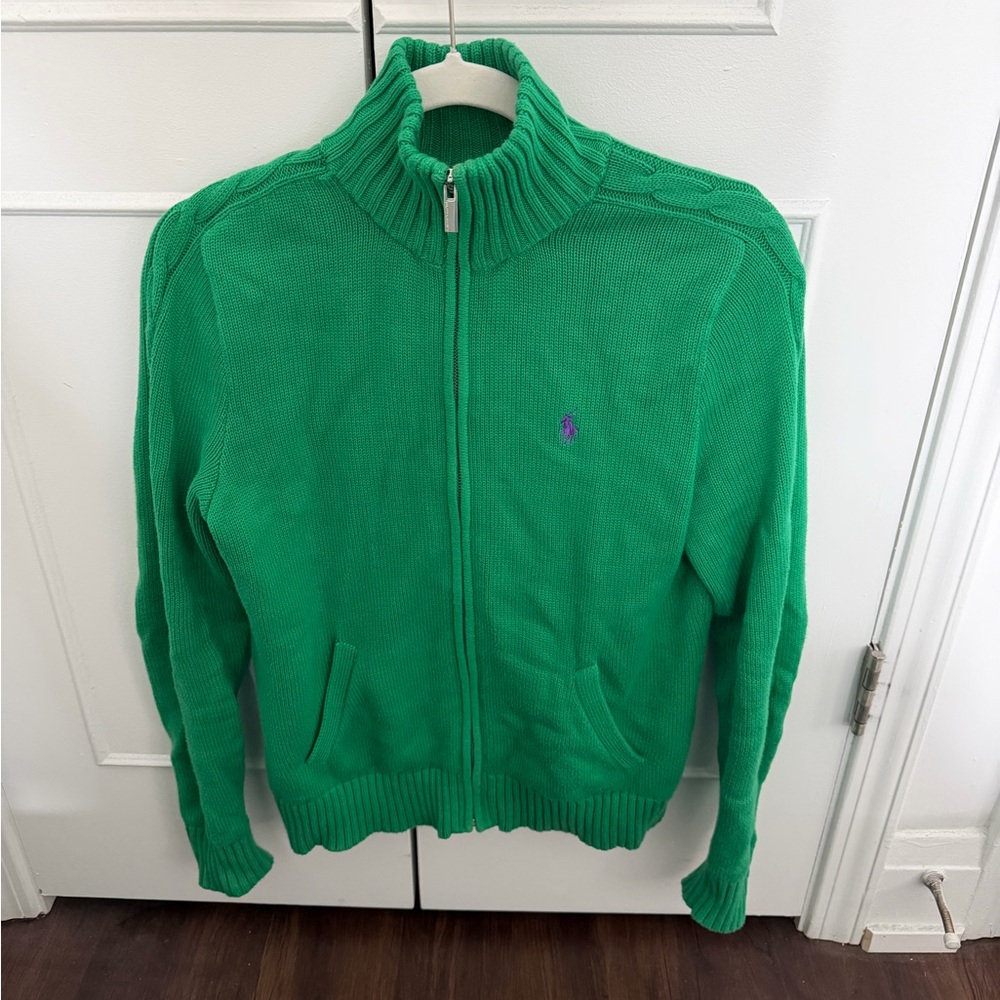 Ralph Lauren Sport Sweater Womens Large Green Full Zip Purple Pony Mock Neck
